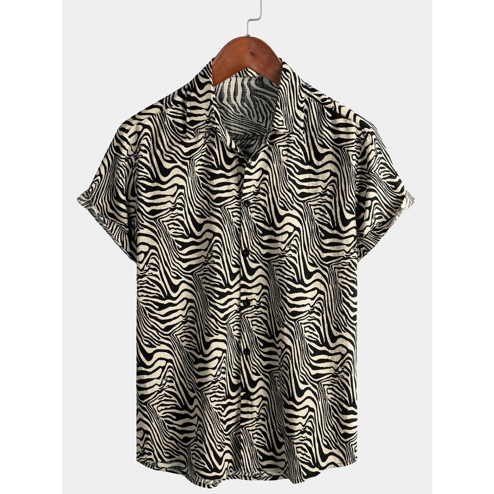 Atlanl Men Vintage Summer Tiger Print Vacation Beach Short Sleeve Button Up